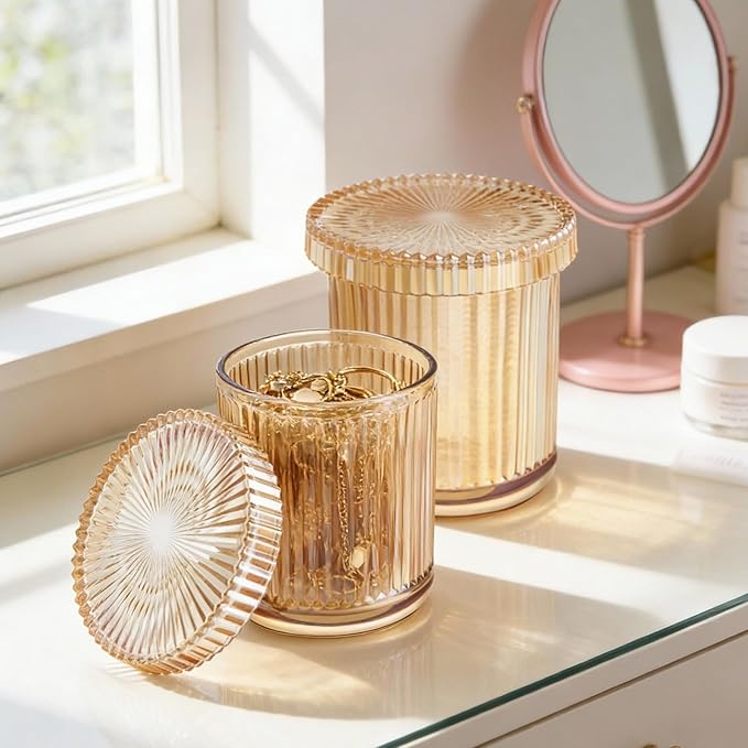2 Pack Glass Qtip Holder Dispenser Set - Bathroom Organizer for Cotton Swabs, Balls, Pads, Floss Picks - Clear Apothecary Jars for Vanity, Makeup Storage, Bathroom Accessories Decor (Amber)