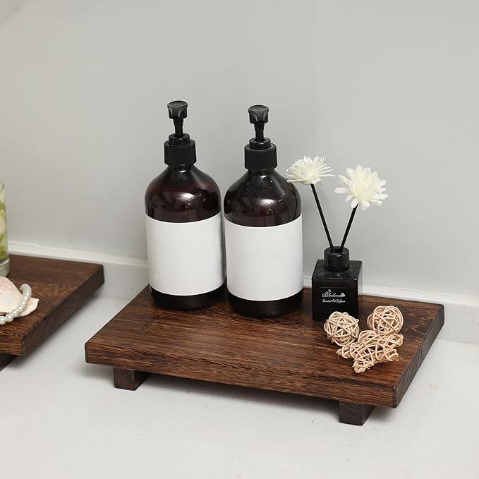 (12 x 7 Inch) Wood Riser Soap Tray, Farmhouse Wood Pedestal Stand for Kitchen Counter Sink, Rustic Wooden Riser Decorative Bathroom Counter Dishes Plant Bottles Candles Display