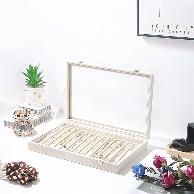 14 Hooks Necklace Storage Tray, Velvet Neckalce Organizer Box with Clear Lid, Pendant Chain Necklace Jewelry Organizer Drawer Tray for Women Girls (Beige)
