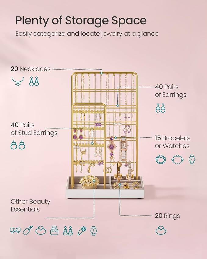 SONGMICS Jewelry Holder, Jewelry Organizer, Jewelry Display Stand with Metal Frame, Velvet Tray, Necklace Earring Bracelet Holder, for Studs, Rings, Gift Idea, Pale Gold UJJS028A01