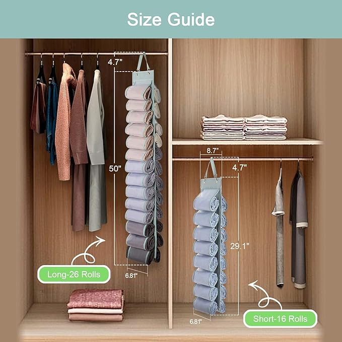 Legging Organizer Storage, T-Shirt Hanging Closet Hanging Clothes Organizer with 26 Roll Compartments for Yoga Pants, Tank Top, Towel, Underwear, Shirt (Grey)