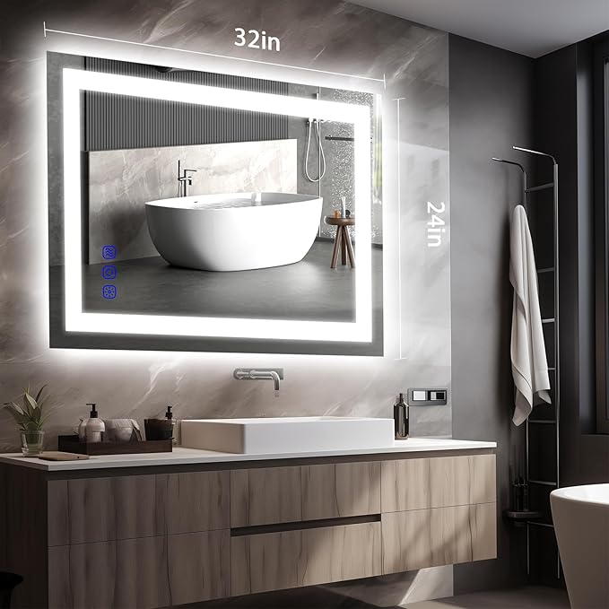 32"x24" LED Bathroom Mirror with Lights Front & Backlit Vanity Mirror,Double Light bar Smart Wall-Mounted Design,Adjustable Warm White/Natural/Daylight,Anti-Fog,Shatterproof,Memory Function
