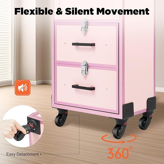 Professional Rolling Makeup Train Case with Drawers, Large Cosmetic Trolley with Locks,Cosmetic Trolley Organizer Case for Travel Makeup/Nail Art/Hair Styling (Pink)