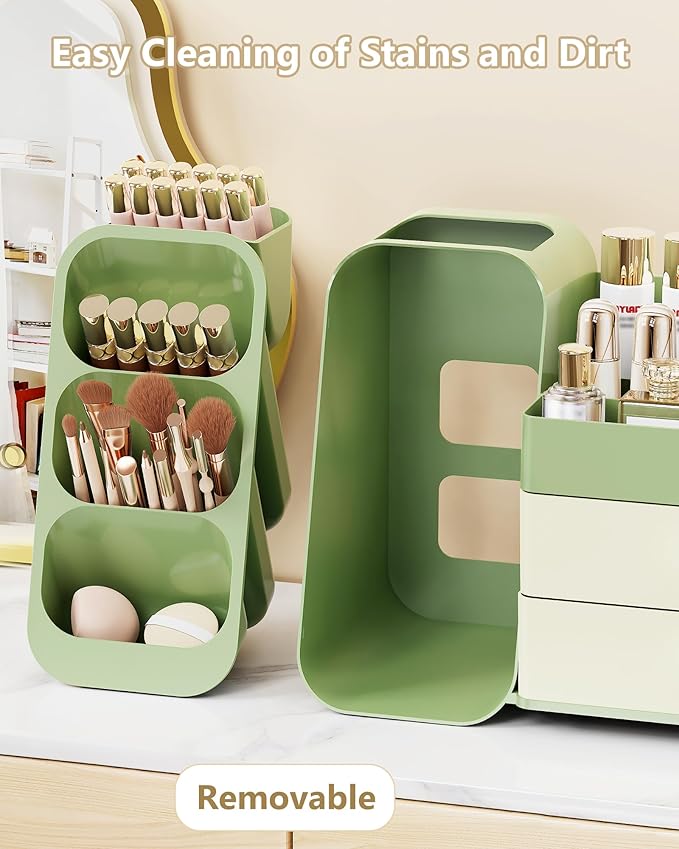 Makeup Organizer with Drawers, Skincare Organizer (Large Size Thick), Storage Box Cosmetic Display Cases, Make up Organizers for Vanity, Dresser, Desk, Kitchen, Countertop (green)