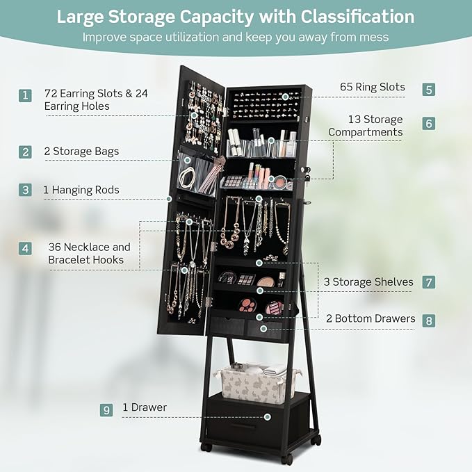 CHARMAID Rolling Jewelry Cabinet with Full Length Mirror, 62'' Floor Standing Jewelry Armoire with Wheels and Metal Frame, Lockable Jewelry Organizer with Large Storage Drawer (Black)