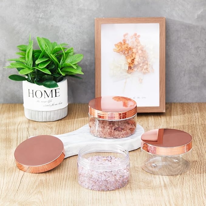 Dandat 24 Pcs 8 oz Plastic Jar Container with Lid and Label Refillable Empty Round Clear with Rose Gold Pet Cosmetic Sample Slime Containers for Lotion, Cream, Ointments, Body Butter, Travel Storage