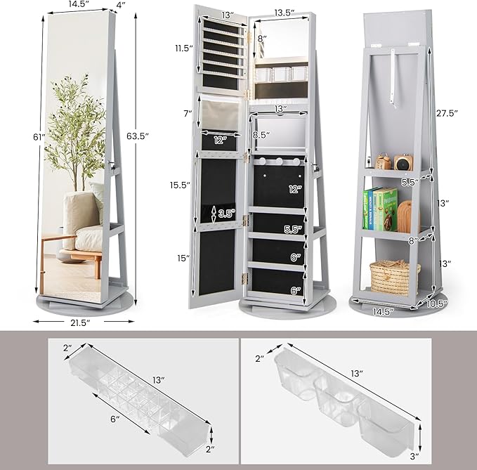 Mirror Jewelry Cabinet Standing with Full Length Mirror, 360° Swivel Jewelry Armoire with 3-Color LED Lights & Foldable Makeup Shelf, Lockable Organizer for Women, Space-Saving (Gray)