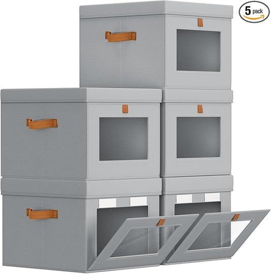 Storage Bins with Lid – Closet Organizer with Side Opening and Clear Window, Foldable Stackable Fabric Basket for Clothes, Home, Office - 13.77" x 11.8" x 9.8", 5 Pack, Grey