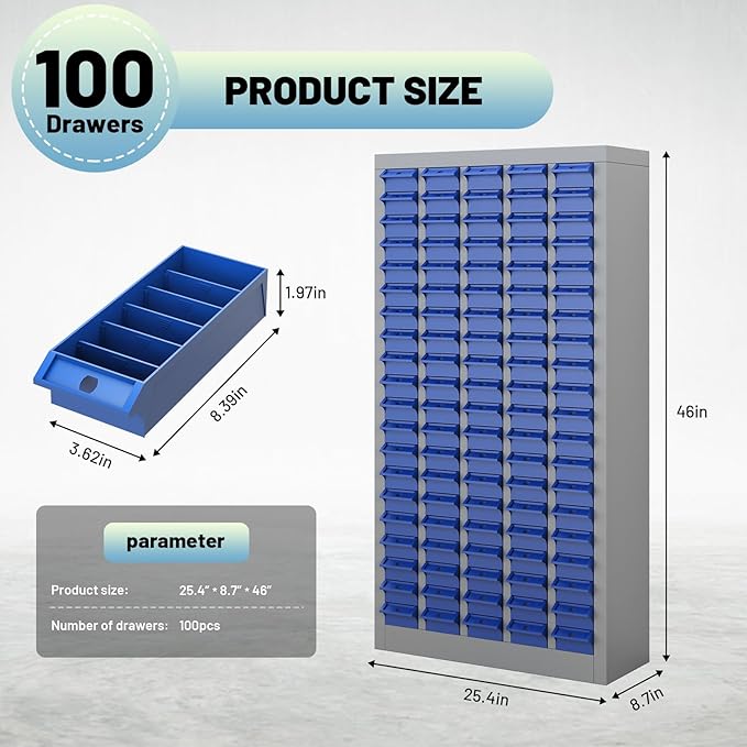 100 Drawer Tool Storage Cabinet with ABS Drawers, Bolt and Nut Organizer Parts Box, Hardware Shelving Unit for Garage and Workshop