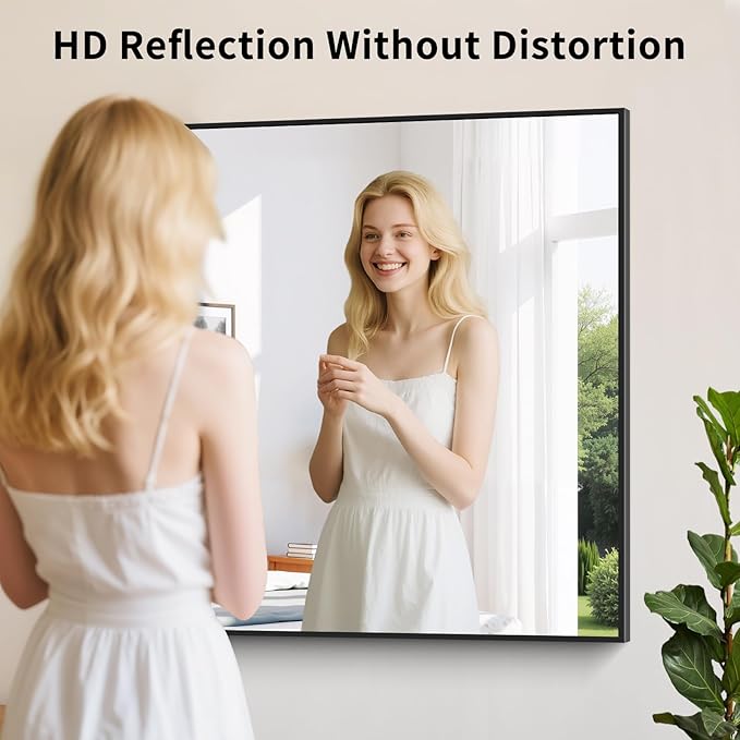 Koonmi Black Framed Bathroom Mirror - Shatterproof 36"x40" Tempered Glass, HD No Distortion, Horizontal/Vertical Mount, Modern Matte Aluminum Alloy Frame