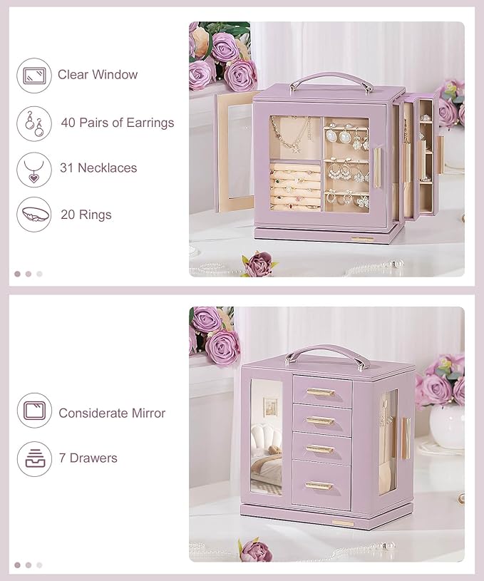 Homde Valentine's Day gifts Jewelry Box 360° Rotating, Necklace Earring Organizer with Transparent Window, Mirror, 7 Drawers, Large Ring Display Storage Case for Girls Women (Grey Purple)