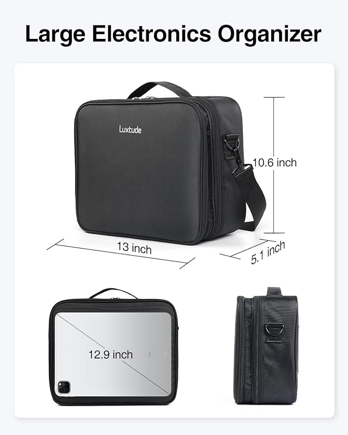 Luxtude Electronic Organizer Travel Case Large, Double Layer Tech Carrying Case, Home Electronics Bag Fits for iPad (Up to 12.9 in), Sturdy Storage for Camera