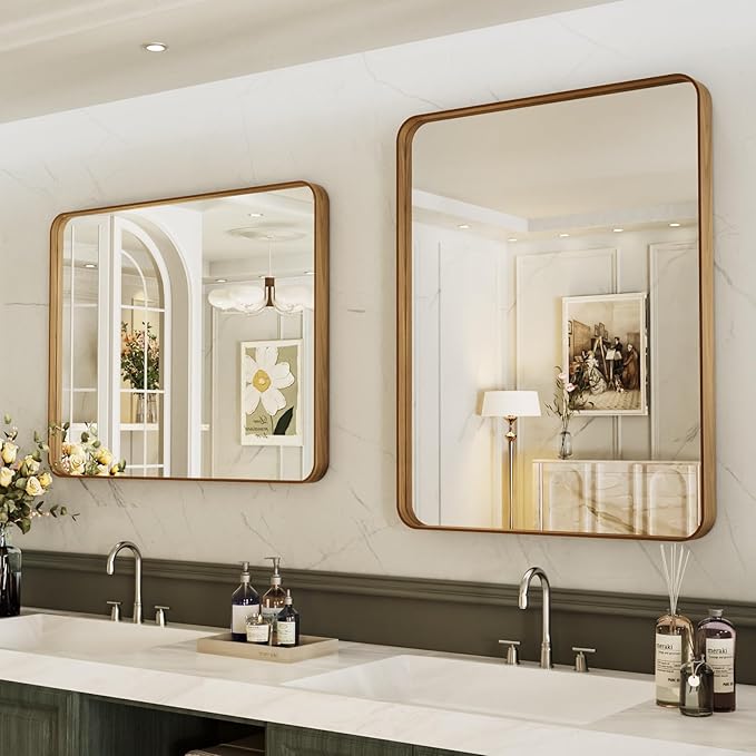 LOAAO 24X36 Inch Bathroom Mirror with Wood Grain Colored Metal Frame, Rounded Rectangle Metal Framed Bathroom Mirror, Anti-Rust, Hangs Horizontally or Vertically