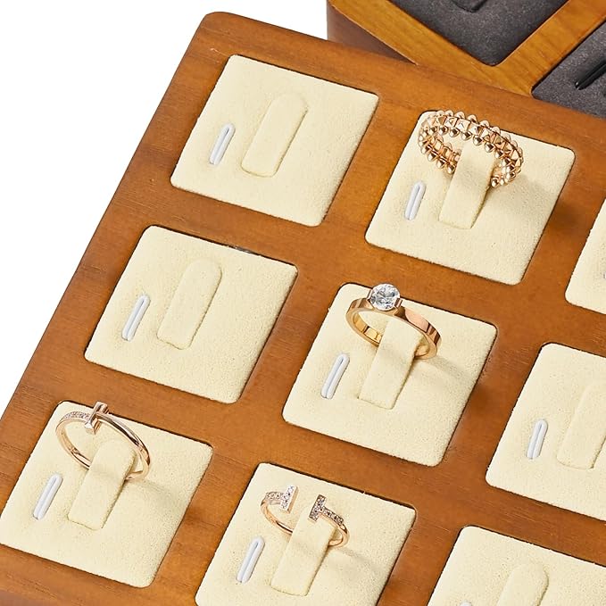 Oirlv Solid Wood Ring Display Stand Showcase Ring Display Organizer Tray 9 Bits Jewelry Holder(Creamy-white)