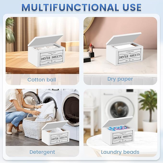 Dryer Sheet Holder with Lid, Wooden Laundry Room Organization and Storage, Large Capacity Softener Sheets Dispenser, Fabric Softener Container for Laundry Room Bathroom (White)