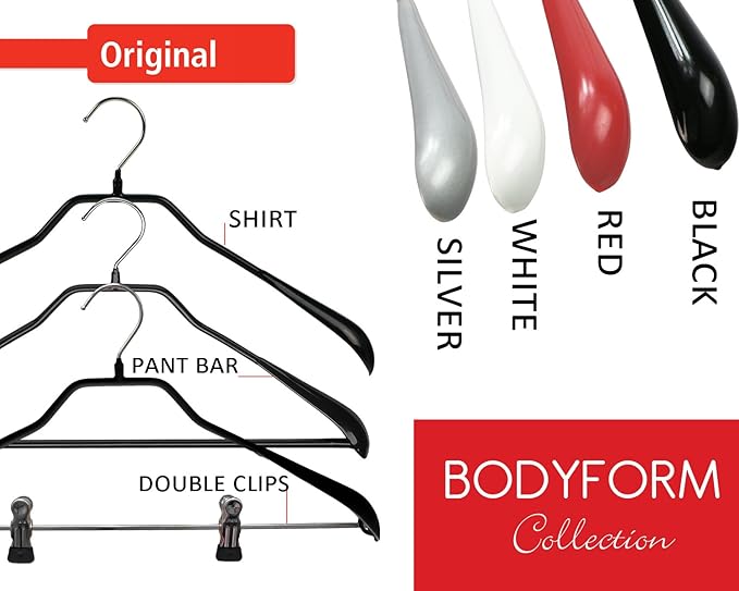 Mawa by Reston Lloyd BodyForm Series Non-Slip Space-Saving Clothes Hanger with Bar for Pants, 16-1/2", Style 42/LS, Set of 6, Silver