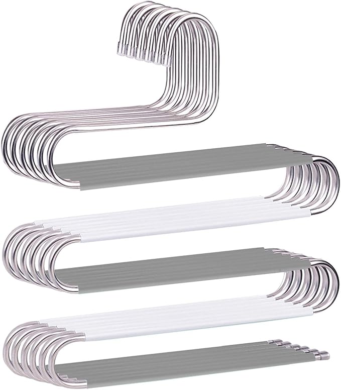 Devesanter Space Save Non-Slip 6 Pack S-Shape Trousers Hangers - Stainless Steel Clothes Hangers Closet Storage Organizer for Pants Jeans Scarf Hanging Grey and White