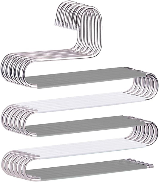 Devesanter Space Save Non-Slip 6 Pack S-Shape Trousers Hangers - Stainless Steel Clothes Hangers Closet Storage Organizer for Pants Jeans Scarf Hanging Grey and White