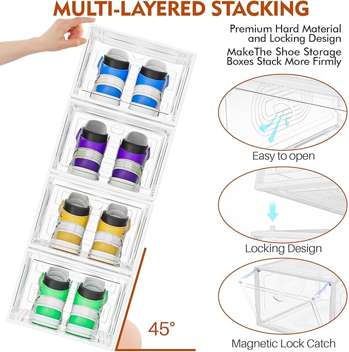 10 Pack Thicken Shoe Organizer Stackable,Upgraded Sturdy Shoe Storage Box with Magnetic Door,Shoe Containers For Sneaker Display,Hat Organizer,White