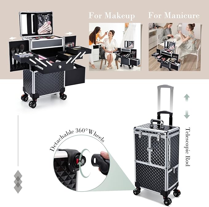 Adazzo Professional Makeup Artist Rolling Train Case Multi-functional Cosmetic Train Case Large Trolley Storage Case for Nail Technicians Cosmetology Case with Compartments for Hairstylist (Black)