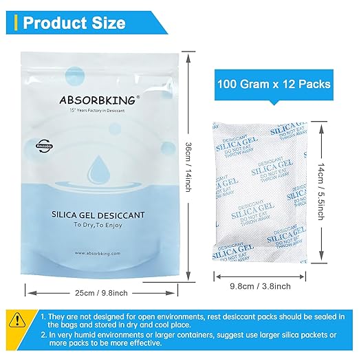 Moisture Absorbers – 100 Gram 12 Packs Silica Gel Packets, Desiccant Packs for Storage, Food Safe Desiccant for Foods, 3D Filaments, Electronics, Tools, Safes