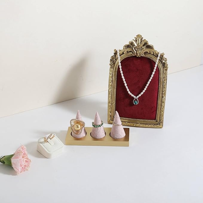 GemeShou pink jewelry ring display holder for selling, velvet ring cone display stand, cute cone shaped ring holder with golden coated base,Small jewelry ring storage organizer【Ring holder-pink】