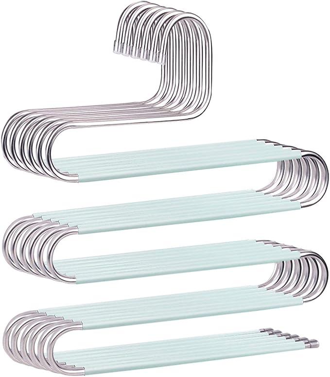 Devesanter Space-Saving Non-Slip S-Shape Trousers Hangers - 6 Pack Stainless Steel Closet Storage Organizer for Pants, Jeans & Scarves - Green