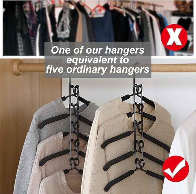 Clothes Hangers Space Saving: 2 Pack 5 in 1 Multi Layer Hangers Non-Slip Foam Padded Heavy Duty Thick Hanger Closet Organizers and Storage for Coat Sweater Suit T-Shirt…