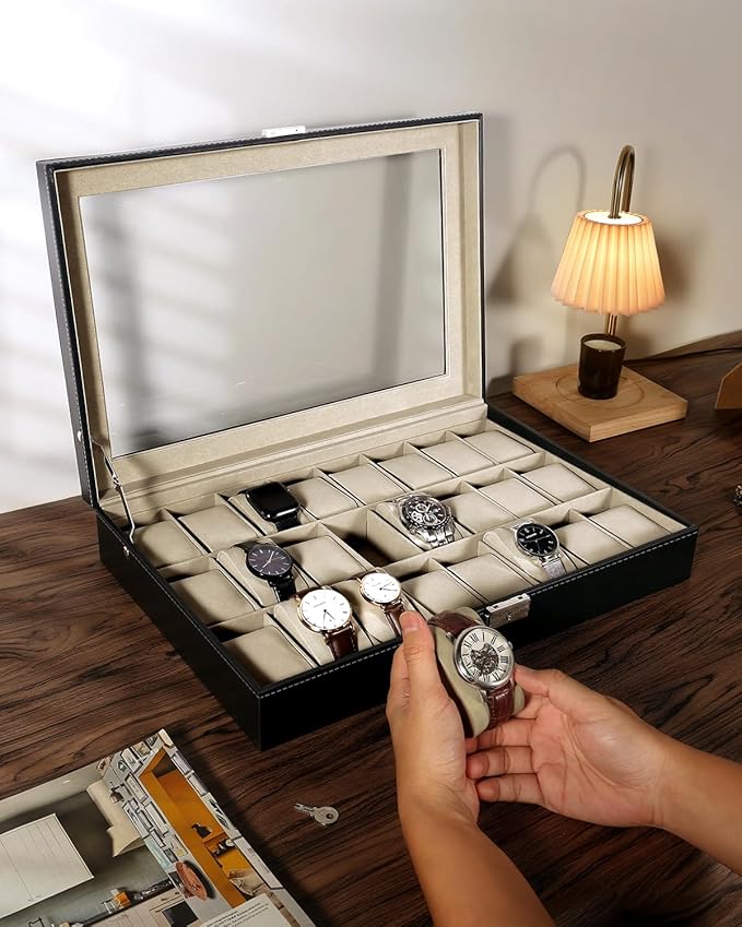 Uten Watch Box, 24 Slots Watch Case, Watch Box Organizer Jewelry Storage with Large Glass Lid, Watch Display Case, Watch Box for Men & Women