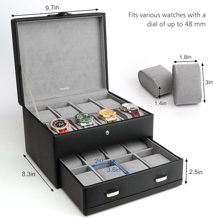SANZIE 16-Slot Watch Box for Mens Watch Case with Removable Watch Pillows, Watch Holder Organizer Watch Storage with Grey Lining & Black Synthetic Leather (Black)
