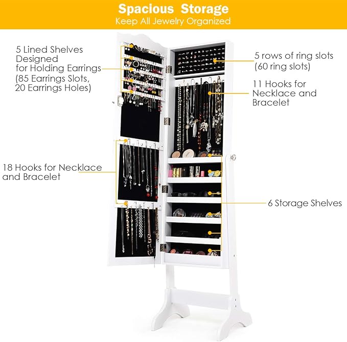 Giantex Jewelry Cabinet Armoire Lockable with Mirror, Standing Full Length Mirror with Jewelry Cabinet, 3 Adjustable Angles, Jewelry Organizer Storage Box Birthday Christmas Gifts (White)
