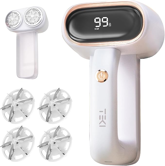 Fabric Shaver Lint Removers Rechargeable Sweater Shaver with Dual Head & LCD Display for Clothes Couch Pilling Furniture, 6-Leaf Blades Defuzzer, White, 1 Piece.