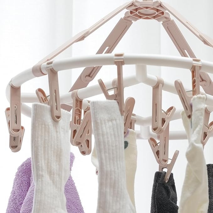 Clothes Drying Racks Foldable Clip Hangers Drip Hanger Plastic with 20 Drying Clips (Light Pink-Circle)
