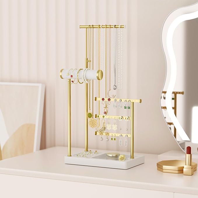 SZQINJI 5 Tier Jewelry Holder Organizer, Gold Jewelry Stand with Velvet Bracelet Holder, Adjustable Height Jewelry Display for Necklaces, Bracelets, Earrings, Rings, Gift Idea for Women, White