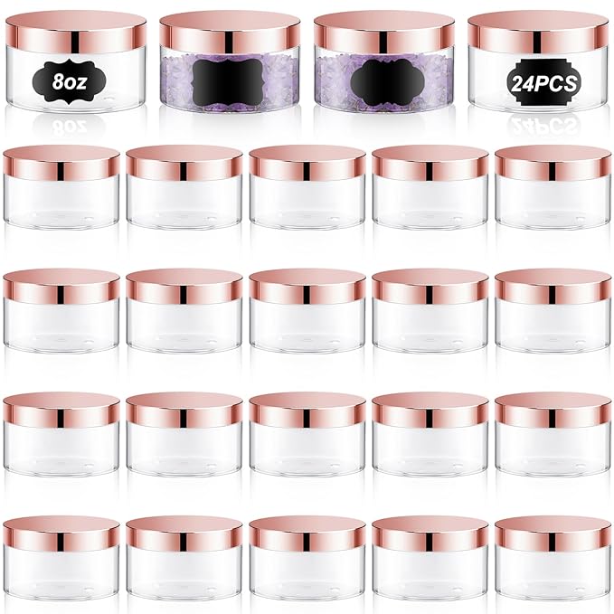 Dandat 24 Pcs 8 oz Plastic Jar Container with Lid and Label Refillable Empty Round Clear with Rose Gold Pet Cosmetic Sample Slime Containers for Lotion, Cream, Ointments, Body Butter, Travel Storage