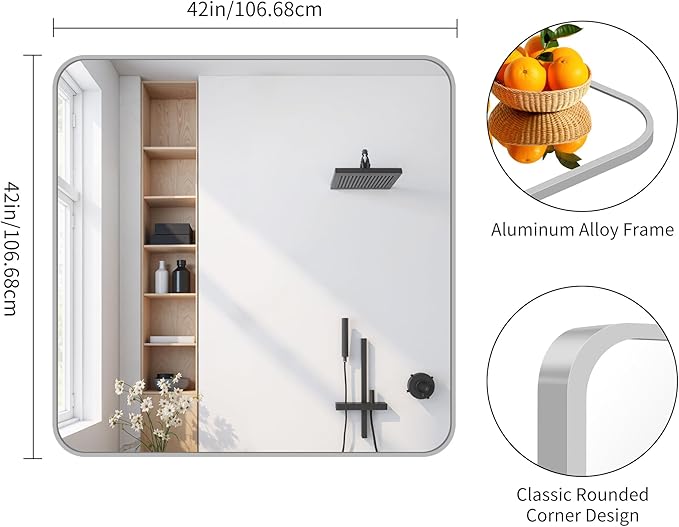 FORBATH 42x42 Inch Silver Bathroom Mirror for Over Sink, Large Square Wall Mirror with Metal Frame, Rounded Corners for Bathroom, Bedroom, Entryway Decor (Horizontal or Vertical)