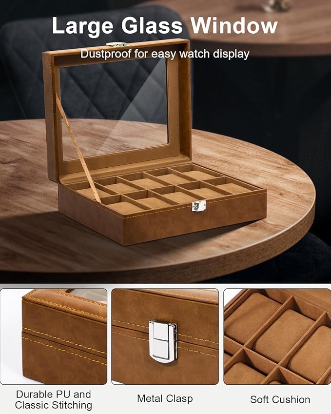 Uten 10-Slot Watch Box, PU Leather Watch Case with Glass Lid, Watch Holder Organizer with Soft Pillow and Velvet Lining, Watch and Jewelry Storage Box