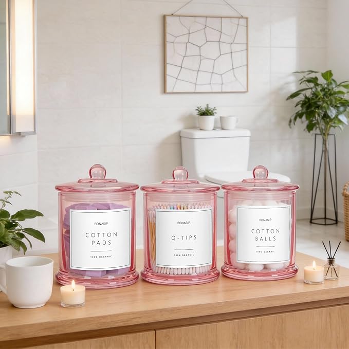 3 Pack Qtip Holder Dispenser, 16oz bathroom Organizer and Storage Canisters, Glass Apothecary Jars with Lid - Home Decor, Room Decor Aesthetic (Pink)