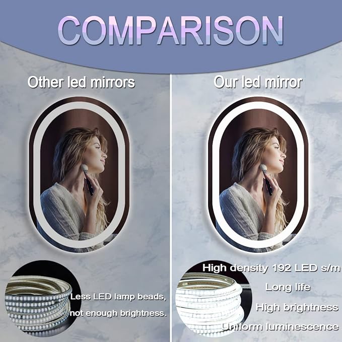 24 x 16 Inch Oval LED Bathroom Mirror with Front Lights Smart Memory 3 Color Adjustable Brightness Anti-Fog 24 Inch Oval Lighted Vanity Mirror for Bathroom Wall Horizontal Vertical Mounted