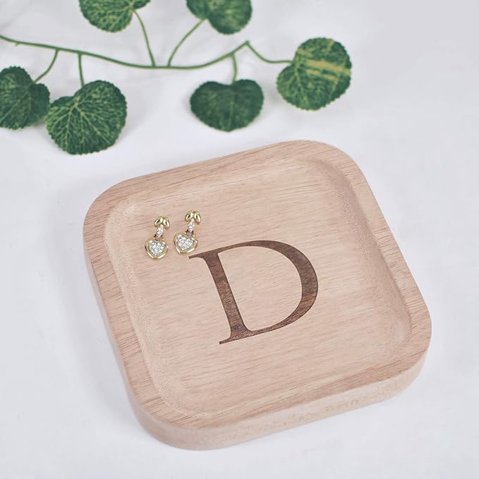 I'm Wooden Personalized Letter Catchall Valet Tray Trinket Dish Jewelry Tray Key Bowl Decorative Plate Organizing Ring Earrings Necklaces Bracelet Watch Coins Wallet Holder (6"x6" Sq Natural D)