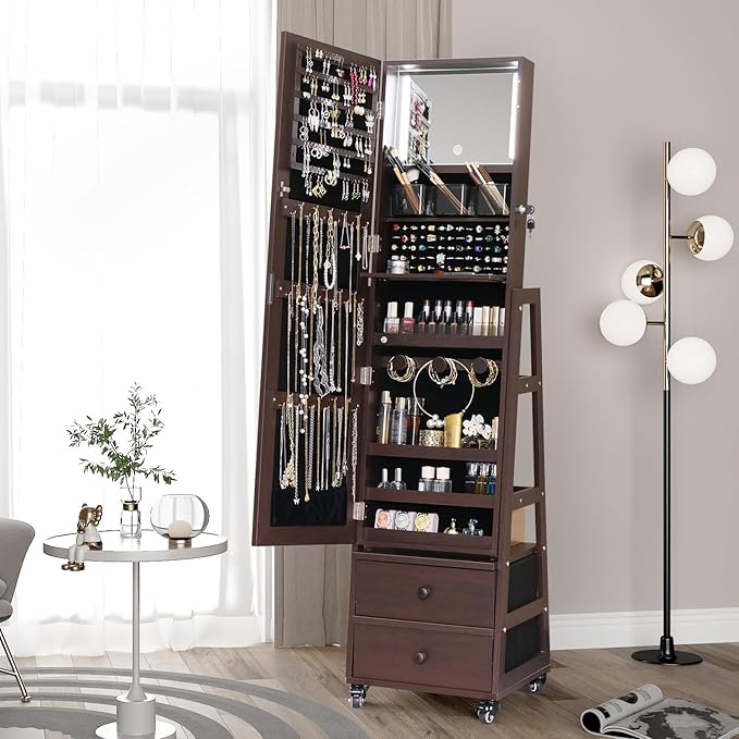 Rotating Standing Jewelry Cabinet with Lockable,Full Length Mirror with Storage Large Capacity Jewelry Organizer Armoire Floor Mirror with Back Storage Shelves for Bedroom Christmas Gifts Brown