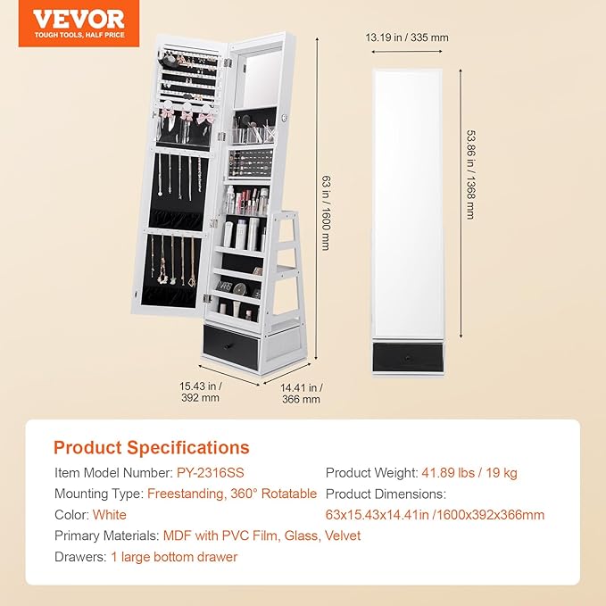 VEVOR 360° Swivel Jewelry Cabinet Armoire, 63-Inch Tall Lockable Jewelry Organizer with Full-Length Mirror, LED Light, Velvet Lining, Drawer, Freestanding, White