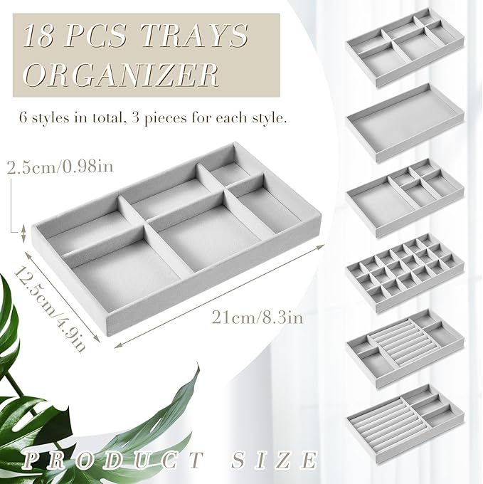 Junkin 18 Pcs Velvet Jewelry Tray Stackable Jewelry Drawer Organizer Jewellery Box Divided Display Tray for Earring Bangle(Gray)