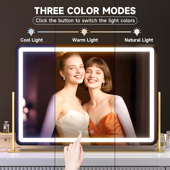 Hasipu Extra Large LED Vanity Mirror 25" x21” - Makeup Mirror with 10X Magnification, Phone Holder, USB Charging & Smart Touch 3-Color Lighting (Gold)