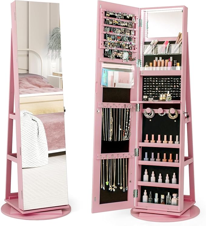 Mirror Jewelry Cabinet Standing with Full Length Mirror, 360° Swivel Jewelry Armoire with 3-Color LED Lights & Foldable Makeup Shelf, Lockable Organizer for Women, Space-Saving (Pink)