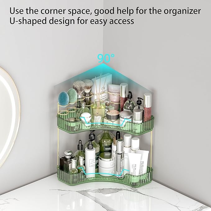 2 Tier Corner Bathroom Organizer Countertop, Vanity Makeup Organizer with Brush Holder, Space-Saving Skincare Storage Corner Shelf for Bathroom, Dressing Table, Kitchen
