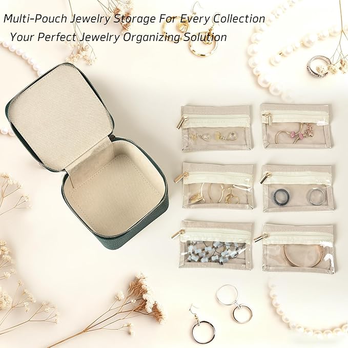 Small Travel Jewelry Box,Travel Jewelry Case with 6pcs Velvet Jewelry Pouches,Portable Jewelry Organizer Travel for Earring Bracelet Ring,Travel Jewelry Case Ideal for Travel & Home Organization