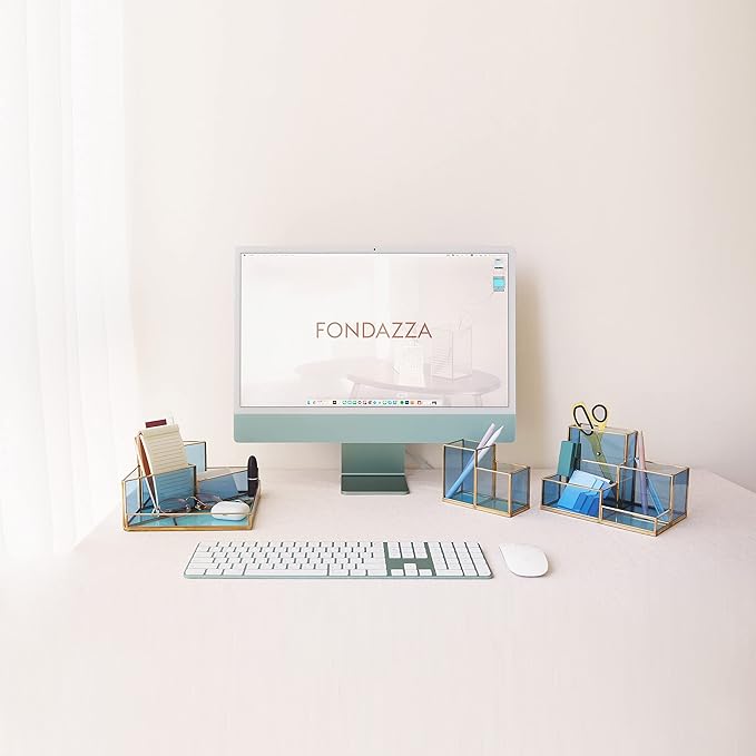 Gold & Blue Glass Desk Organizer - Elegant Office Decor, Aesthetic Makeup Brush Holder & Skincare Organizer, 4-Compartment Pen Holder, Pencil Cup, Vanity & Cosmetic Storage, Desk Accessories for Women