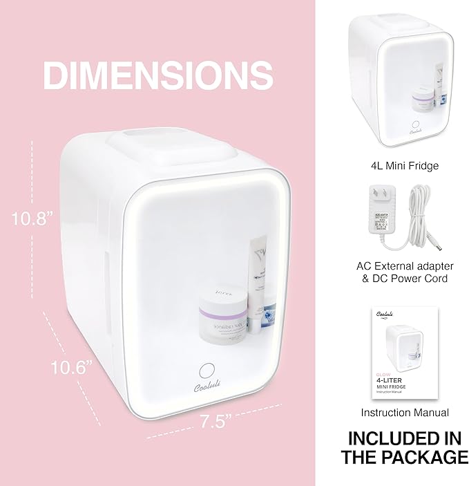 Cooluli Glow 4L Mini Skincare Fridge with Mirror & LED Light - Small Refrigerator for Skin Care, Beauty, Makeup, Cosmetics, Food & Drinks, White