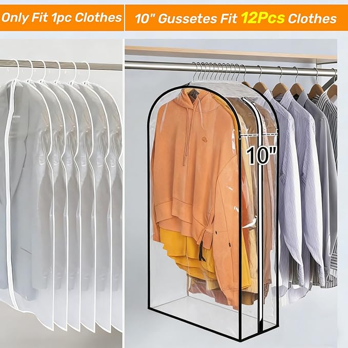 4 Pack 10" Gusseted Garment Bags, 40" Clear Suit Bags for Closet Storage, Hanging Clothes Covers with Zipper, Closet Dust Cover Protector Bag Cover for Jacket, Coat, Shirts, Dress, Sweater